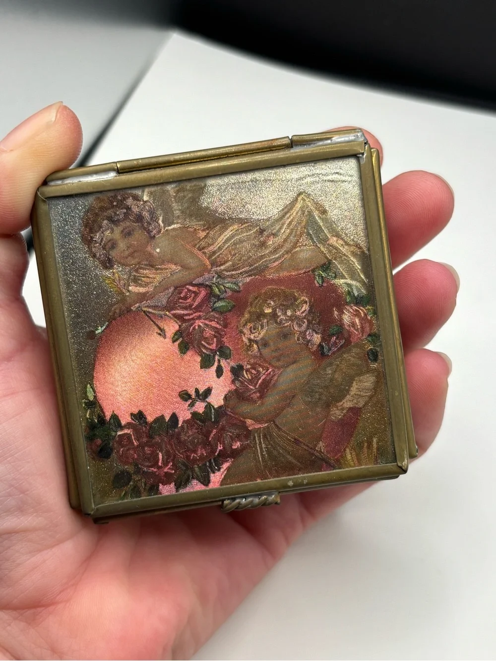 Vintage Via Vermont Cherub Brass Stained Art Glass Trinket Box Holographic